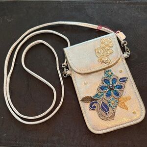 Metallic Silver Floral Crossbody Phone Bag